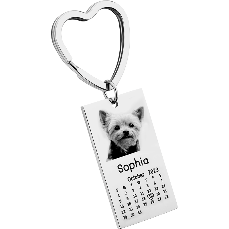 Ingraverad Kalender-Nyckelring med Text och Hund- eller Kattfoto